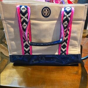 Tory Burch Pink and Blue Canvas Tote Bag